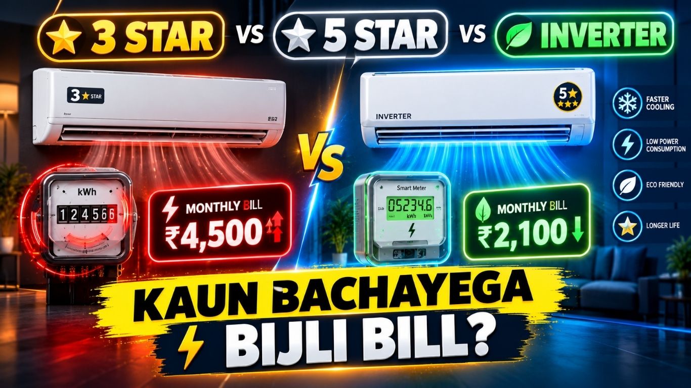 5 Star AC vs 3 Star AC vs Inverter AC bijli khapat aur bill comparison chart