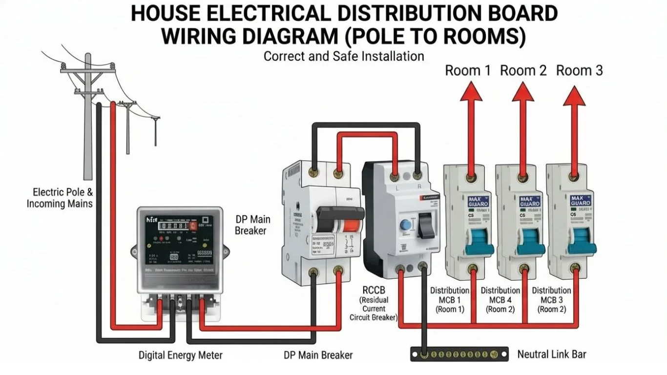 House Electrical Distribution Board Wiring Diagram Incomer to RCCB and MCB