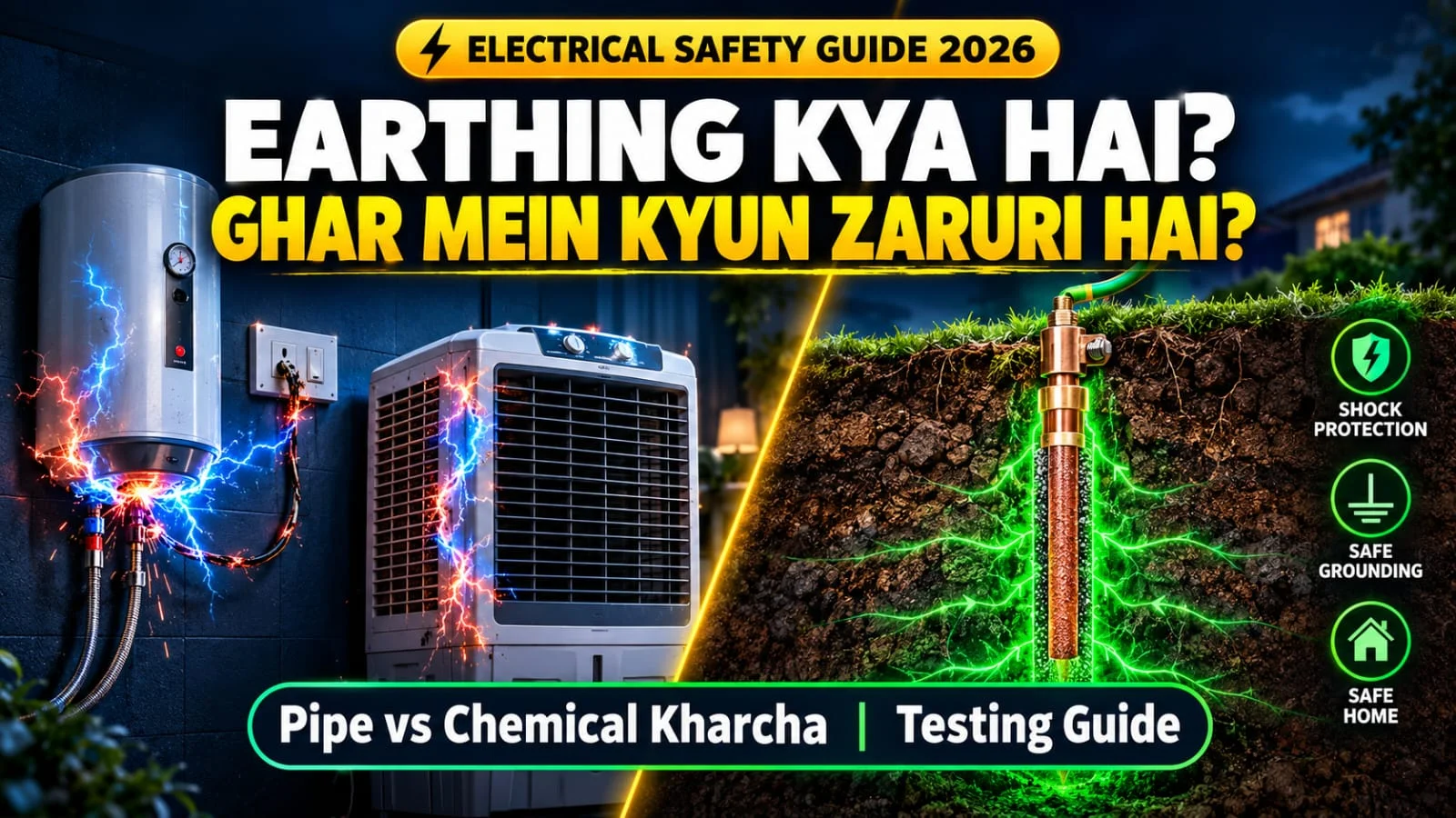 Ghar me earthing kya hai, geyser cooler shock safety, pipe vs chemical earthing kharcha aur grounding testing guide