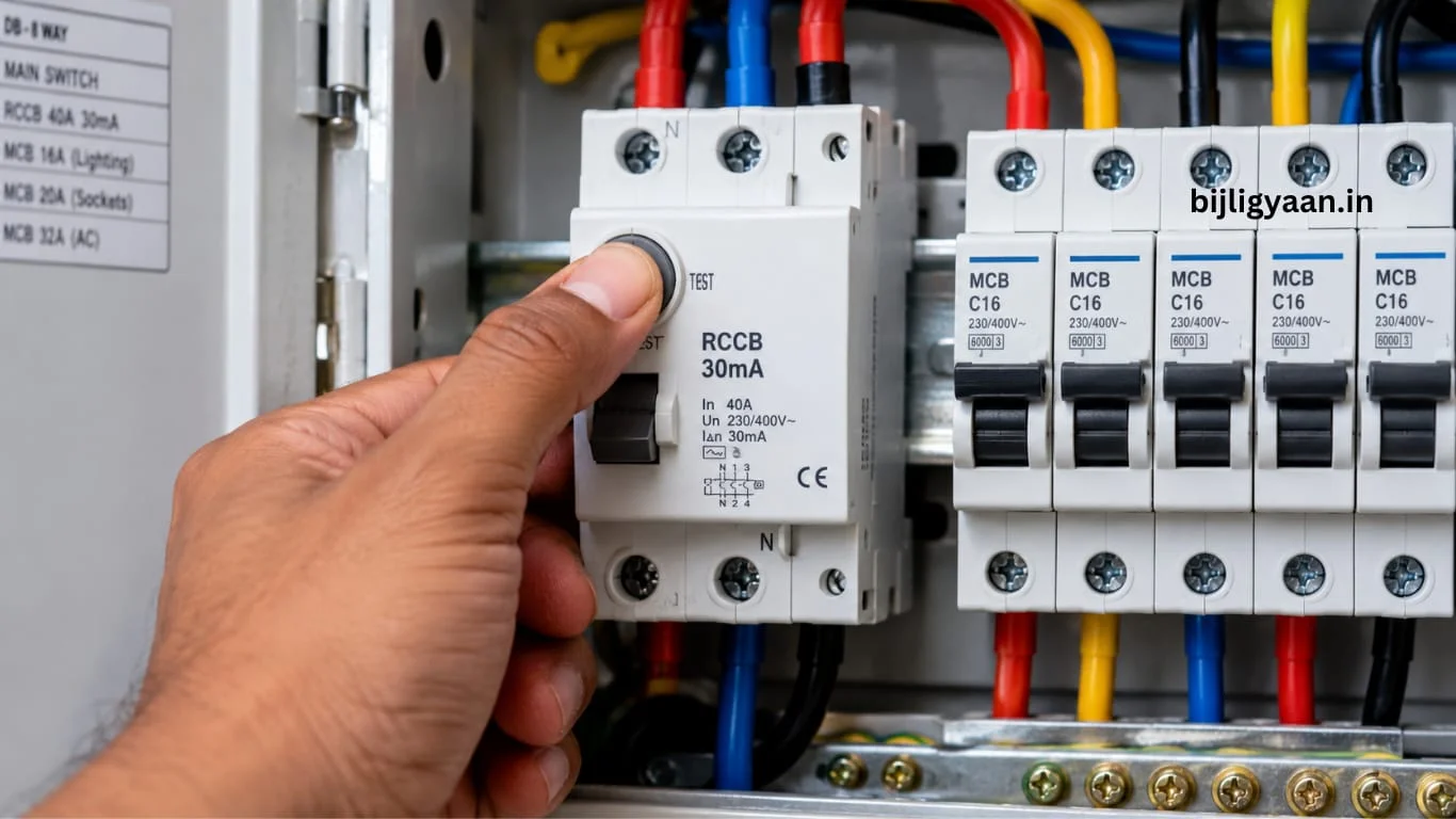 Electrician testing RCCB with T test button