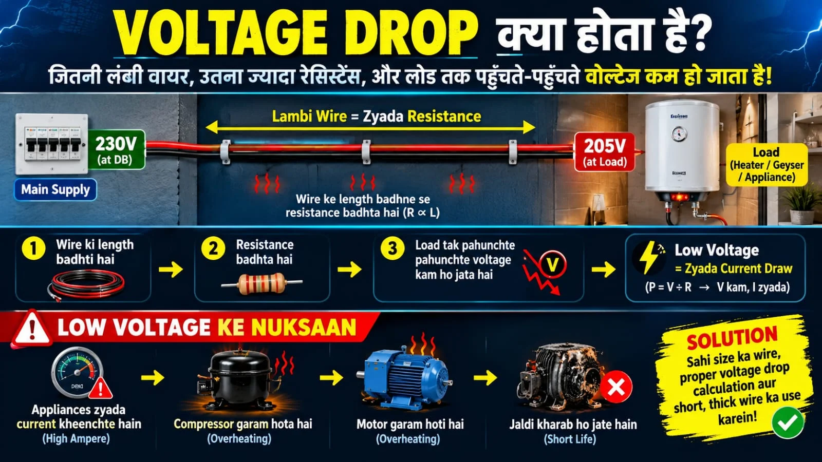 Lambi wiring par voltage drop calculation aur 2.5mm vs 4mm wire AC load comparison chart